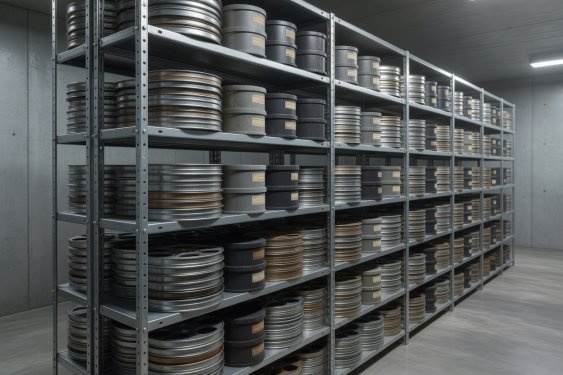 Metal film reels and 35mm acetate canisters stacked neatly in a temperature-controlled film preservation vault
