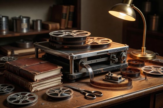 A flatbed film editing viewer and archival notebooks on an archivist work desk