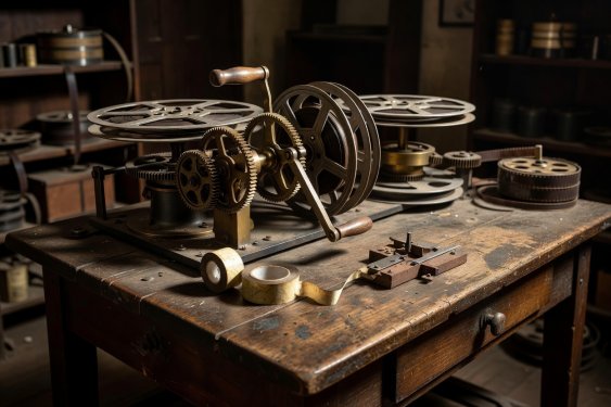 Historic manual film rewinding bench with mechanical crank gears and splicing tape