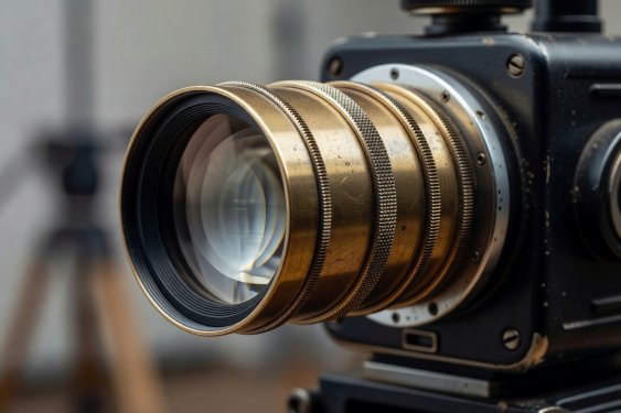 Close-up detail of an optical glass vintage cinema lens mounted on a studio camera